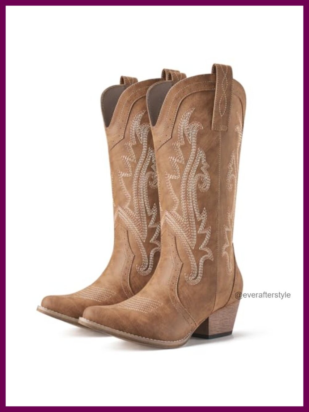 Cowboy Boots Western Cowgirl Mid Calf Pointed Toe Block Heel Pull-On Synthetic